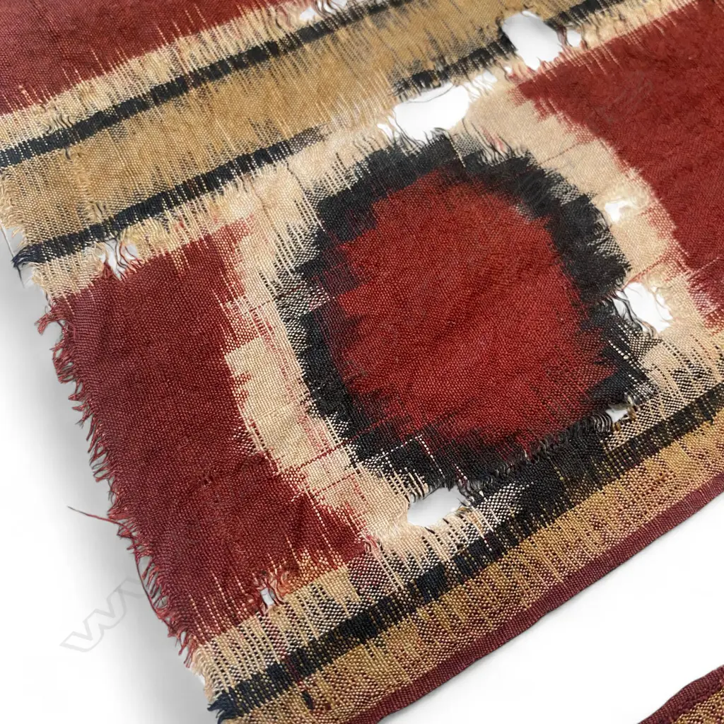 Textile Fragments – silk, - ikat woven - Uzbek - red band bordered with green fibrilated black with red dot. 97 x 18cm Image 1++